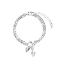 Load image into Gallery viewer, Heart + Cross Silver Charm Layered Bracelet 6.5in
