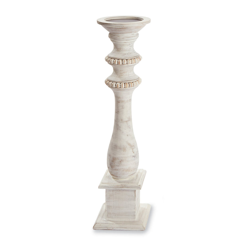 Medium White-Washed Beaded Wood Candlestick
