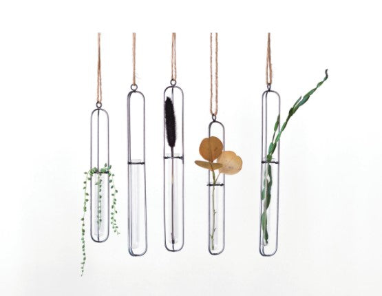 Metal & Glass Hanging Test Tube Vase w/ Jute Hanger