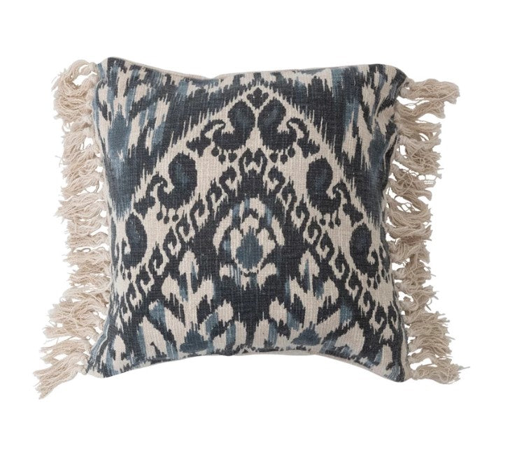 Stonewashed Woven Cotton Blend Pillow w/ Ikat Pattern & Fringe, Polyester Fill