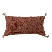 Load image into Gallery viewer, Woven Cotton Slub Lumbar Pillow with Diamond Pattern &amp; Jute Tassels, Rust Color

